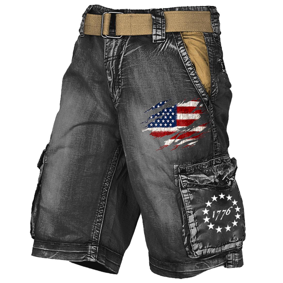 Men's vintage flag independence day multi-pocket print cargo shorts