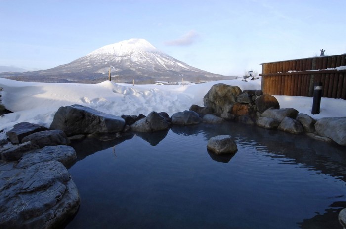 Japanese onsen with mountain views