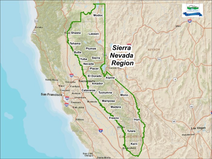 Map of sierra nevada mountain range