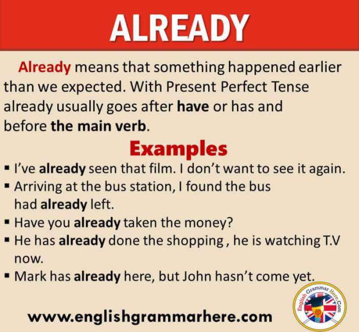 Already use sentences example english definition grammar present perfect tense