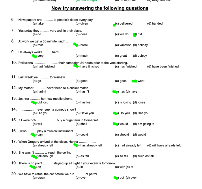 Mini Exams for Grammar Review