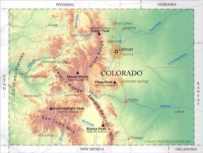 Colorado map mountain ranges showing states mountains range physical united features rivers freeworldmaps great landscape spots vacation trip ideas madagascar