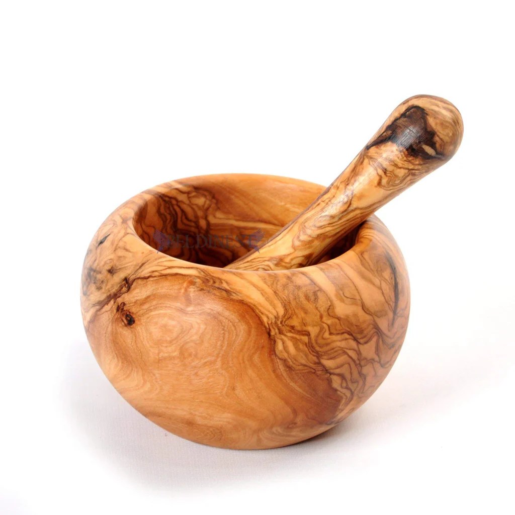 Mortar pestle wooden wood olive round made style quick