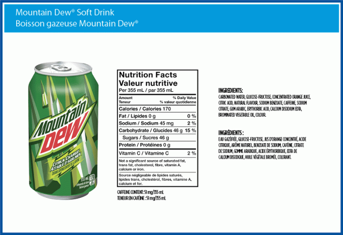 Nutrition facts on mountain dew